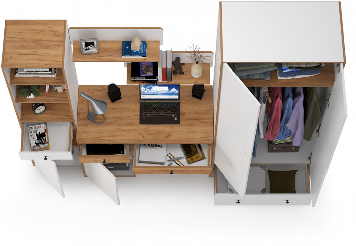 Вуди Компоновка № 23, цвет белый премиум/дуб крафт золотой, ШхГхВ 241х52,7х205 см., универсальная сборка