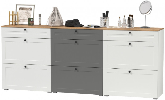 Остин 16.121 Тумба для обуви + 16.121 Тумба для обуви + 16.121 Тумба для обуви, белый шагрень/дуб крафт золотой