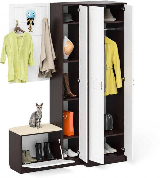 Прихожая П-6 Компоновка № 27, венге/фасады МДФ белое дерево фрезеровка прованс