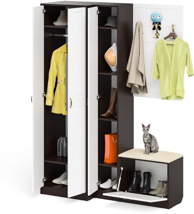 Прихожая П-6 Компоновка № 27, венге/фасады МДФ белое дерево фрезеровка прованс