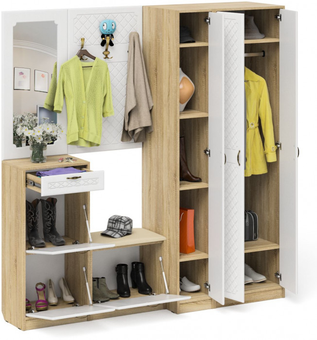 Прихожая П-6 Компоновка № 51, дуб сонома/фасады МДФ белое дерево фрезеровка ромб