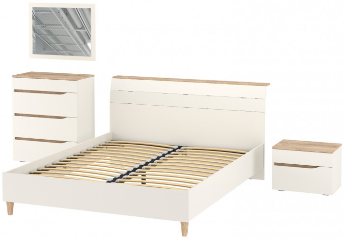 Муссон Кровать 11.41 + ортопед + Тумба 16.03 + Комод 13.97 + Зеркало СВК, цвет белый/дуб эндгрейн элегантный, сп. м. 1600х2000 мм., б/м