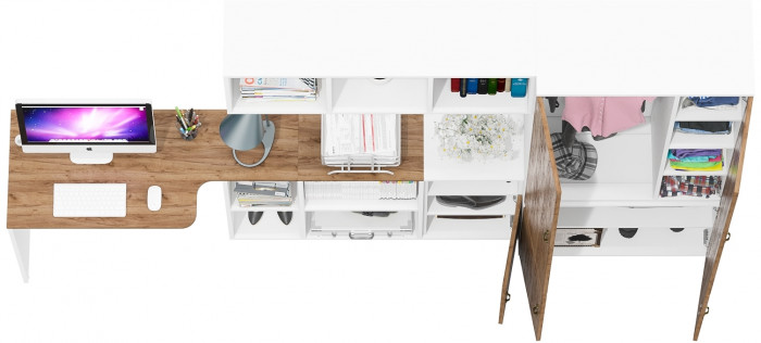 Лидер-8 Стол + Полка + Тумба МД 3.19 + Шкаф МД 20Б, белый шагрень/крафт золото