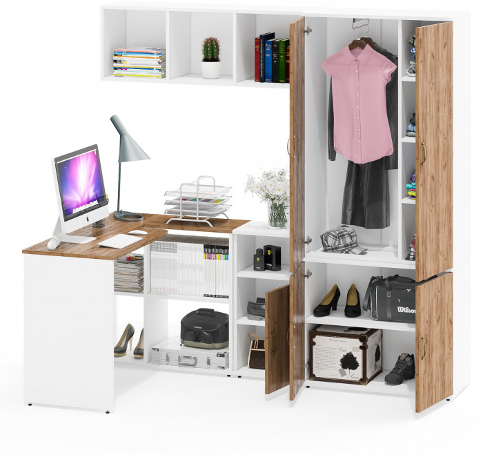 Лидер-8 Стол + Полка + Тумба МД 3.19 + Шкаф МД 20Б, белый шагрень/крафт золото