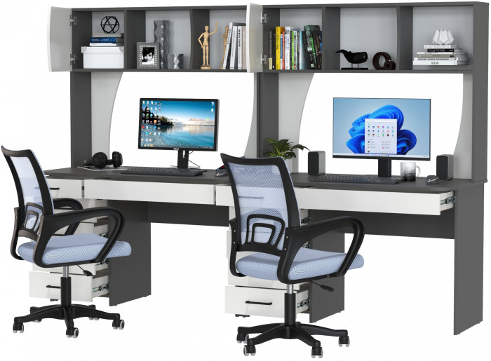 Два стола рабочих 6-0606 Сигма + два кресла 103 серых, цвет графит/белый, ШхГхВ 241х60,5х166 см., НЕ универсальная сборка