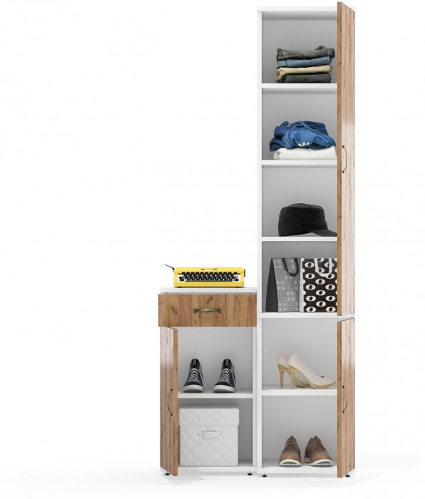 Лидер-8 Пенал МД 22Б + Тумба МД 3.15, цвет белый шагрень/крафт золото, ШхГхВ 80х37,5х190 см., универсальная сборка