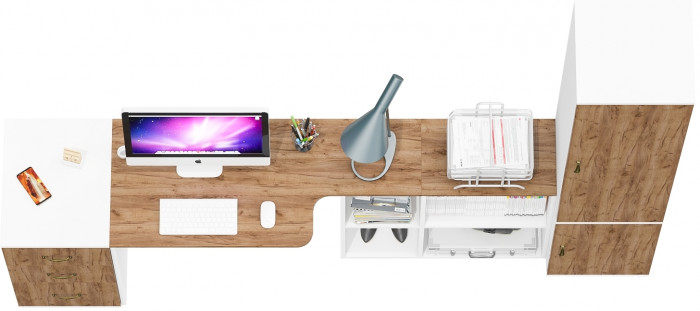 Лидер-8 Стол + Тумба МД 3.16 + Пенал МД 22Б, цвет белый шагрень/крафт золото, ШхГхВ 245х50/37,5х75/190 или 155х120/50х75/190 см., НЕ ун. сборка