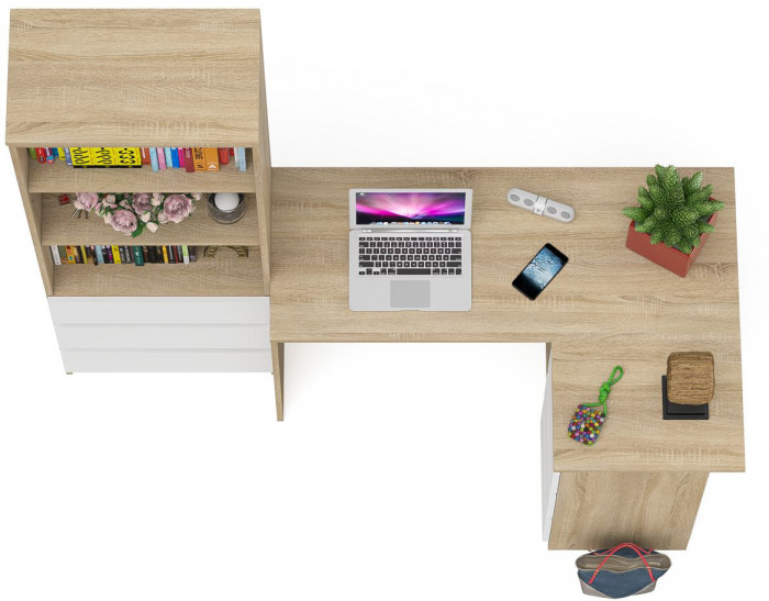 Мори Стол компьютерный МС-16 правый + Стеллаж МСТ600.3, цвет дуб сонома/белый, ШхГхВ 184,8х84,9х179,6 см., выдвижные ящики справа, НЕ универ. сборка