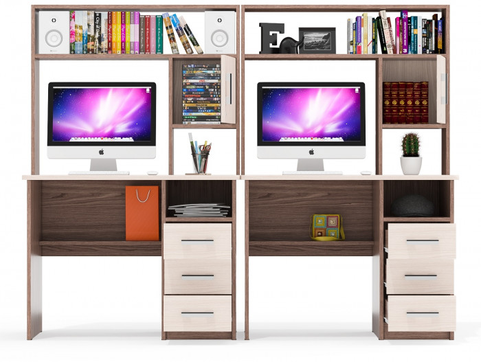 Стол компьютерный С-МД-СК9+Стол компьютерный С-МД-СК9, цвет ясень шимо светлый/ясень шимо тёмный, ШхГхВ 204х70х160 см., НЕ универсальная сборка