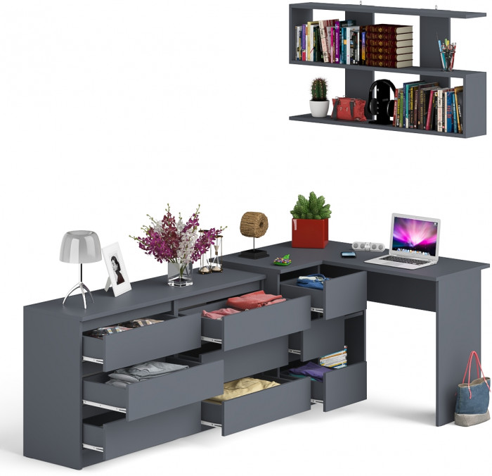 Мори компьютерный стол МС-16 левый + Комод МК1380.6 + Полка 1200, графит