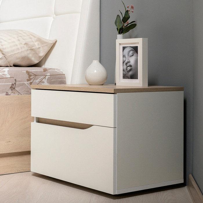 Муссон Кровать 11.41 + ортопед + Тумба 16.03 + Комод 13.97 + Тумба ТВ 13.276, цвет белый/чёрный/дуб эндгрейн элегантный, сп. м. 1600х2000 мм., б/м