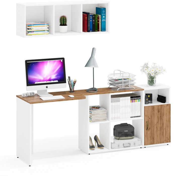 Лидер-8 Стол + Полка + Тумба МД 3.19, белый шагрень/крафт золото