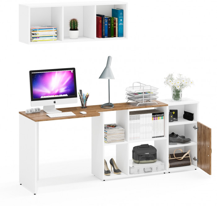 Лидер-8 Стол + Полка + Тумба МД 3.19, белый шагрень/крафт золото