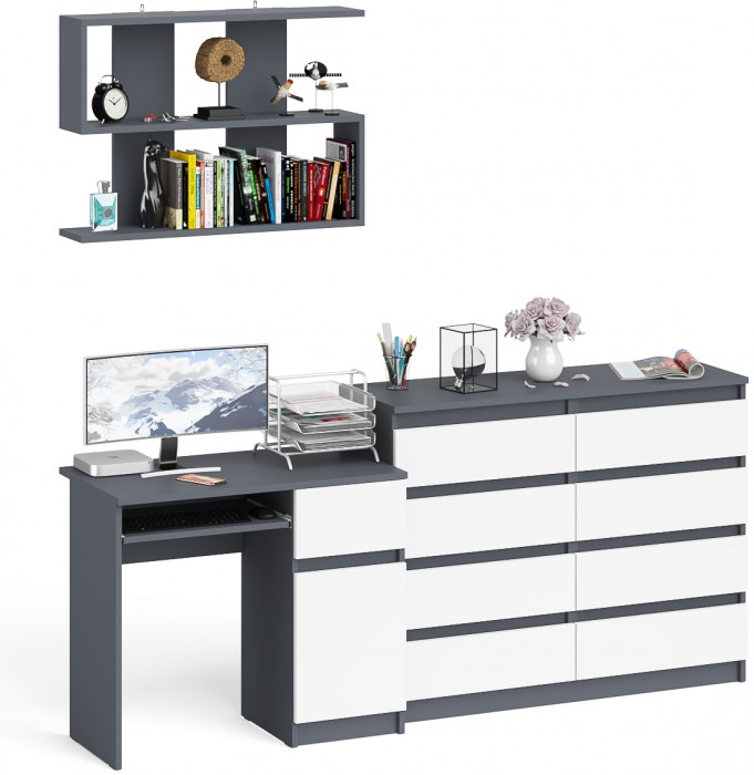 Мори компьютерный стол МС-1 правый + Комод МК1200.8 + Полка 900, графит/белый