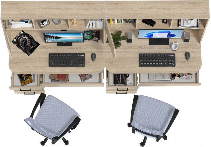 Два стола рабочих 6-0606 Сигма + два кресла 103 серых, цвет дуб сонома, ШхГхВ 241х60,5х166 см., НЕ универсальная сборка