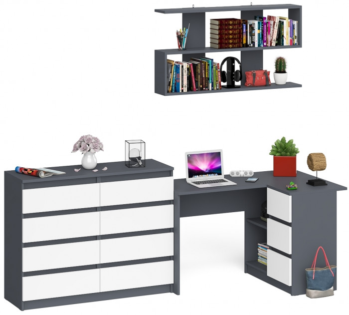 Мори компьютерный стол МС-16 правый + Комод МК1200.8 + Полка 1200, графит/белый