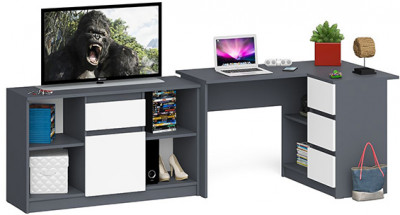 Мори компьютерный стол МС-16 правый + Тумба МТВ1204.1, графит/белый