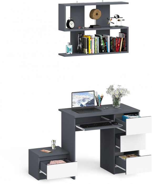 Мори компьютерный стол МС-6 правый + Тумба ТМП400.1 + Полка 900, графит/белый