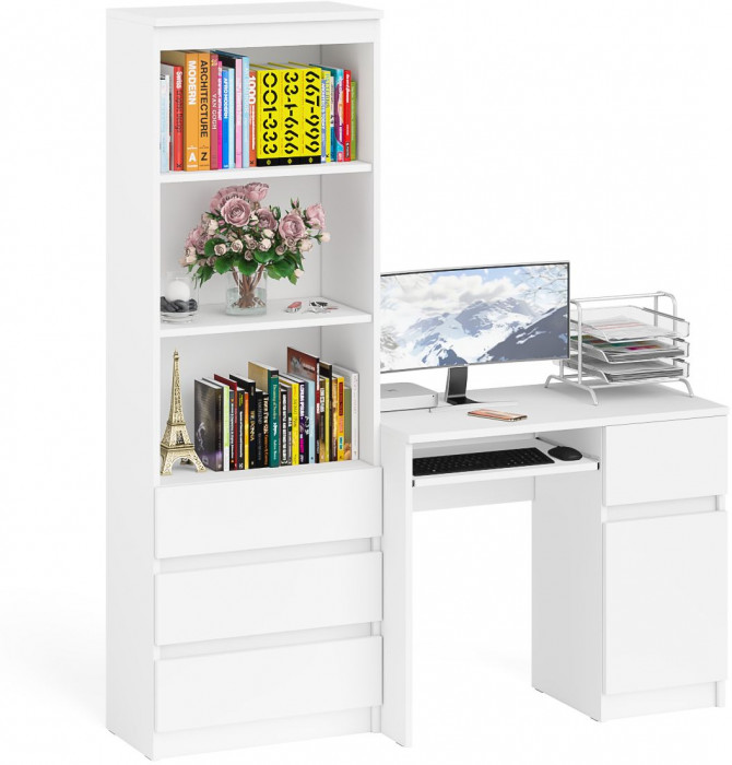 Мори Стол компьютерный МС-1 правый + Стеллаж МСТ600.3, цвет белый, ШхГхВ 150,4х50х179,6 см., выдвижной ящик справа, НЕ универсальная сборка