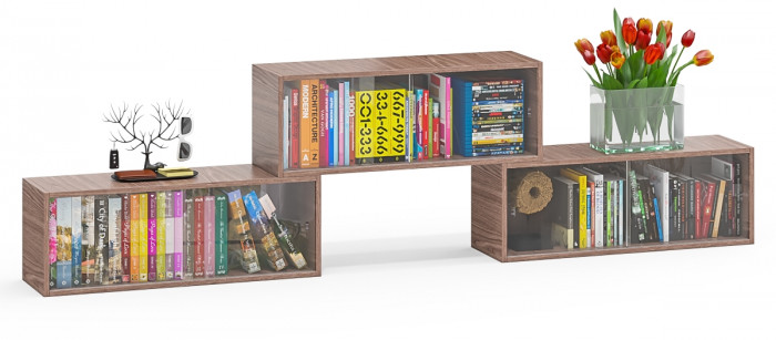 Три полки книжных С-МД-КН01, цвет ясень шимо тёмный, ШхГхВ размер каждой полки в отдельности: 83х25х30 см., стеклянные дверцы