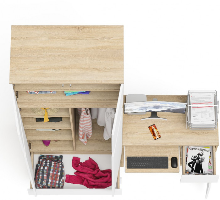 Мори Стол компьютерный МС-1 левый + Шкаф МШ900.1 + Антресоль МА900.1, цвет дуб сонома/белый, ШхГхВ 180,4х50,4х234,2 см., выдвиж. ящ. слева, НЕ ун. сб.