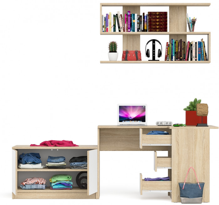 Мори Стол компьютерный МС-16 правый + Тумба МА900.1 + Полка 1200, цвет дуб сонома/белый, ШхГхВ 214,8х84,9х209,6 см., НЕ универс. сборка