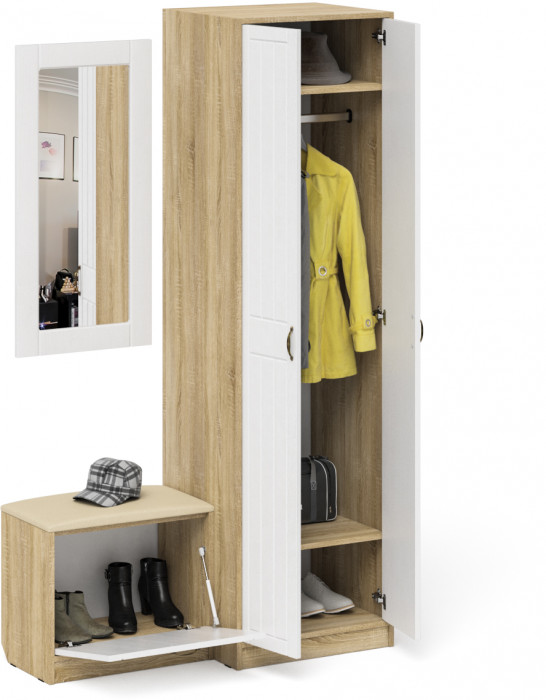 Прихожая П-6 Компоновка № 11, цвет дуб сонома/фасады МДФ белое дерево фрезеровка прованс, ШхГхВ 120х50х210 см., универсальная сборка