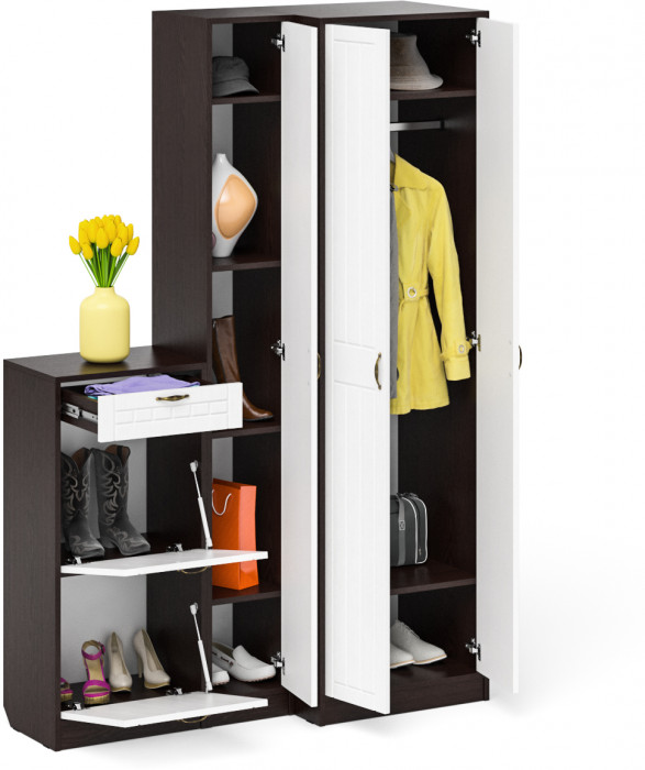 Прихожая П-6 Компоновка № 28, цвет венге/фасады МДФ белое дерево фрезеровка прованс, ШхГхВ 140х50х210 см., универсальная сборка