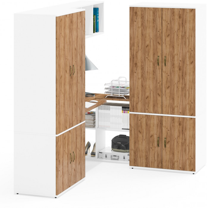 Лидер-8 Стол + Полка + Шкаф МД 19Б + Шкаф МД 19Б, белый шагрень/крафт золото