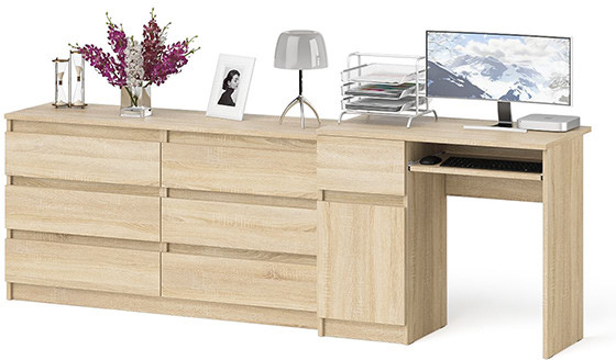 Мори компьютерный стол МС-1 левый + Комод МК1380.6, дуб сонома