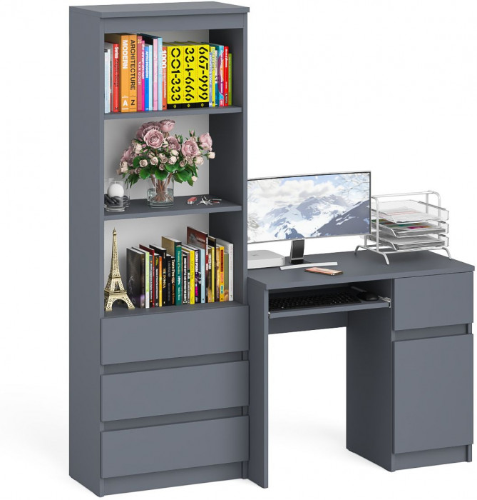 Мори Стол компьютерный МС-1 правый + Стеллаж МСТ600.3, цвет графит, ШхГхВ 150,4х50х179,6 см., выдвижной ящик справа, НЕ универсальная сборка