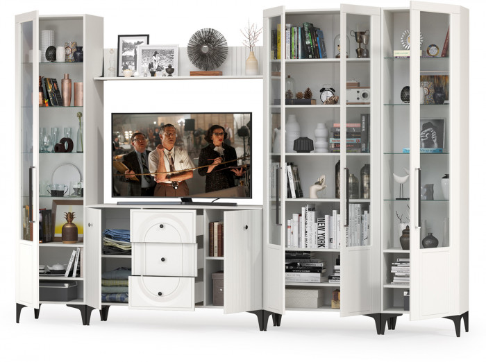 Валенсия Гостиная № 105, цвет ЛДСП белый шагрень/МДФ белый шагрень, ШхГхВ 327,3х38,4х225,2 см., ниша для ТВ 133х38х100 см., универсальная сборка