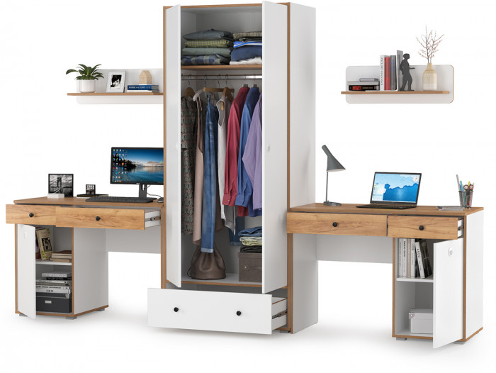 Вуди Компоновка № 26, цвет белый премиум/дуб крафт золотой, ШхГхВ 306х52,7х205 см., универсальная сборка