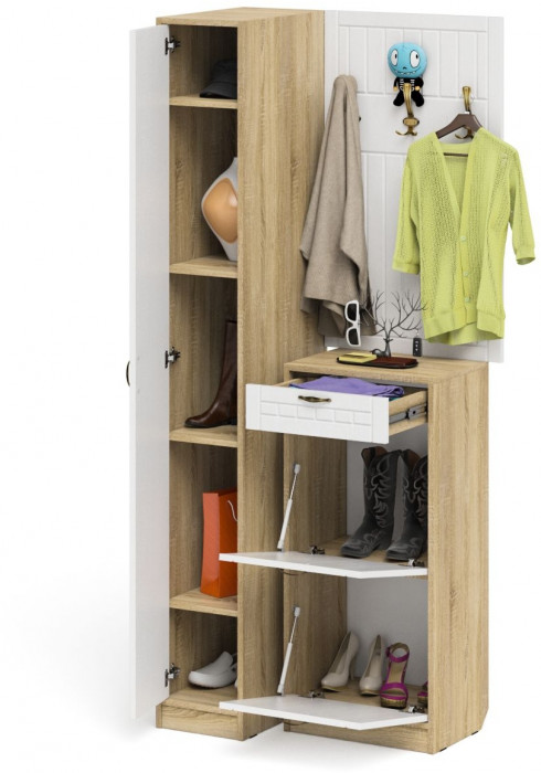 Прихожая П-6 Компоновка № 44, цвет дуб сонома/фасады МДФ белое дерево фрезеровка прованс, ШхГхВ 90х50х210 см., универсальная сборка