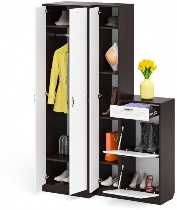 Прихожая П-6 Компоновка № 28, цвет венге/фасады МДФ белое дерево фрезеровка ромб, ШхГхВ 140х50х210 см., универсальная сборка