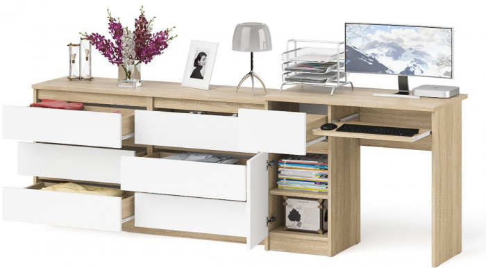 Мори компьютерный стол МС-1 левый + Комод МК1380.6, дуб сонома/белый