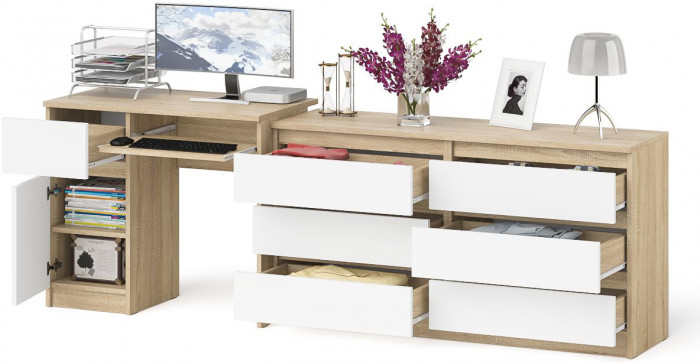 Мори компьютерный стол МС-1 левый + Комод МК1380.6, дуб сонома/белый