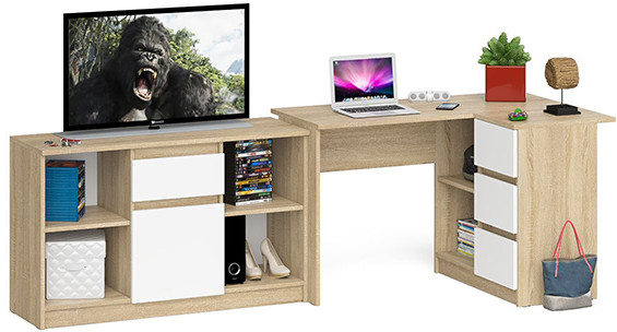 Мори компьютерный стол МС-16 правый + Тумба МТВ1204.1, дуб сонома/белый