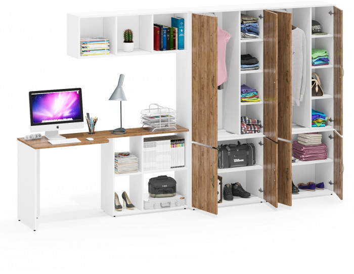 Лидер-8 Стол + Полка + Шкаф МД 20Б + Шкаф МД 20Б, белый шагрень/крафт золото