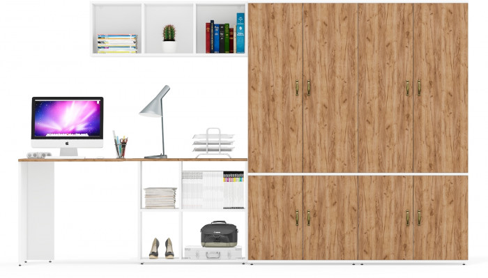 Лидер-8 Стол + Полка + Шкаф МД 20Б + Шкаф МД 20Б, белый шагрень/крафт золото