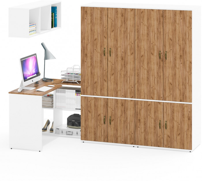 Лидер-8 Стол + Полка + Шкаф МД 19Б + Шкаф МД 19Б, цвет белый шагрень/крафт золото, ШхГхВ 325х50х75/190 или 240х115/50х75/190 см., НЕ ун. сборка