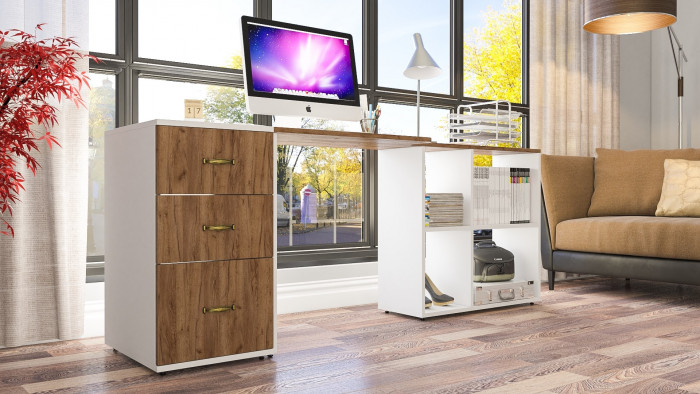 Лидер-8 Стол + Тумба МД 3.16, цвет белый шагрень/крафт золото, ШхГхВ 205х50/30х75 см. или 115х50/120х75 см., НЕ универсальная сборка