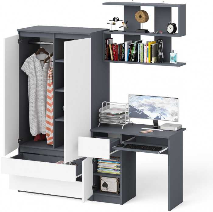 Мори Стол компьютерный МС-1 левый + Шкаф МШ900.1 + Полка 900, цвет графит/белый, ШхГхВ 180,4х50,4х209,6 см., НЕ универсальная сборка