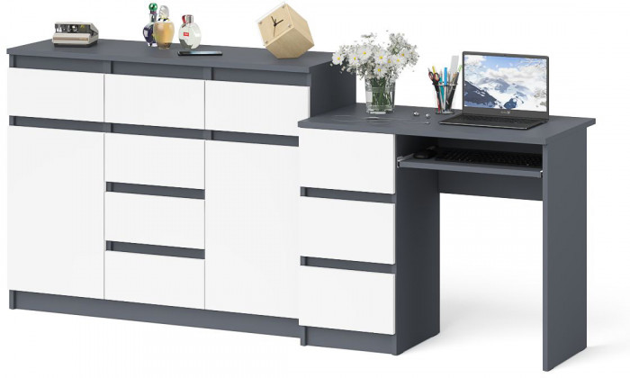Мори компьютерный стол МС-6 левый + Комод МК1200.4, графит/белый