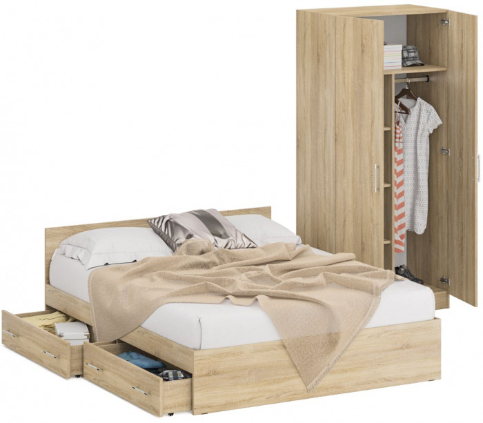 Кровать с ящиками 1600 + Шкаф 2-х створчатый Стандарт, дуб сонома