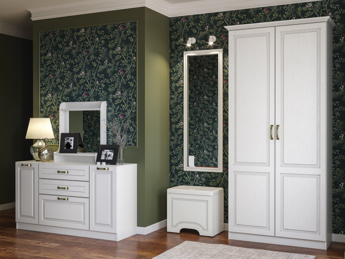 Ливерпуль Пуф 14.02 + Зеркало навесное 03.242, ясень ваниль/белый/эко-кожа гранд белый