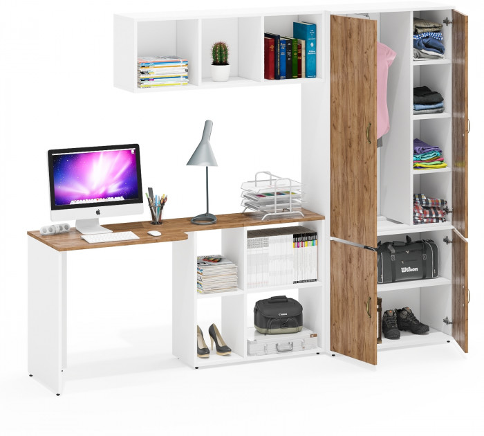 Лидер-8 Стол + Полка + Шкаф МД 20Б, белый шагрень/крафт золото