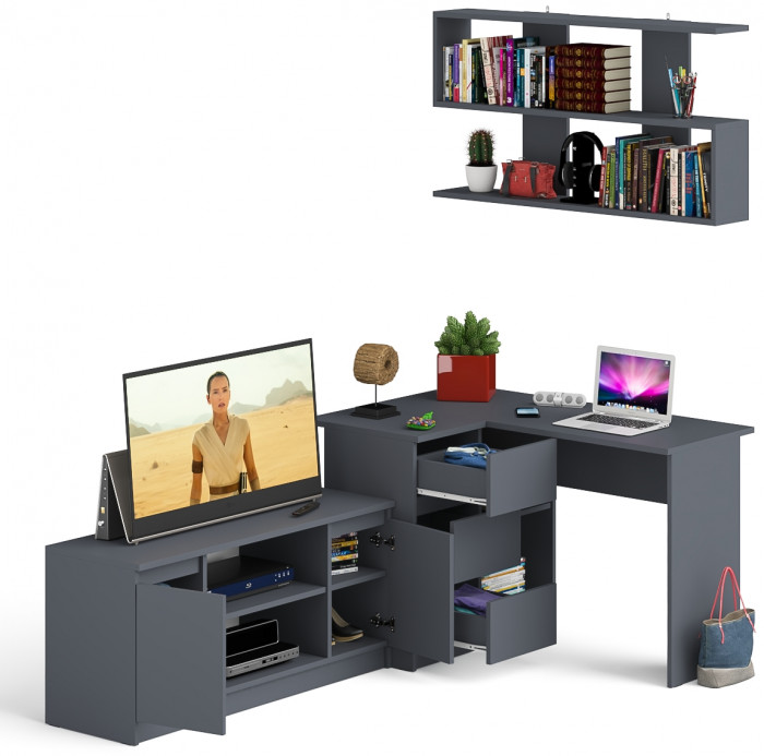 Мори компьютерный стол МС-16 левый + Тумба МТВ1200.1 + Полка 1200, графит