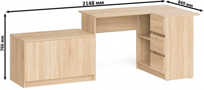 Мори Стол компьютерный МС-16 правый + Тумба МА900.1, цвет дуб сонома, ШхГхВ 214,8х84,9х76,6 см., выдвижные ящики справа, НЕ универсальная сборка