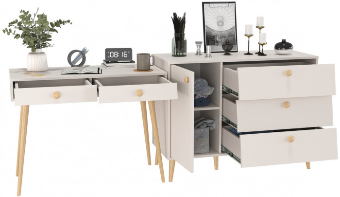 Афина Спальня Стол + Комод с дверкой и тремя ящиками, кашемир серый